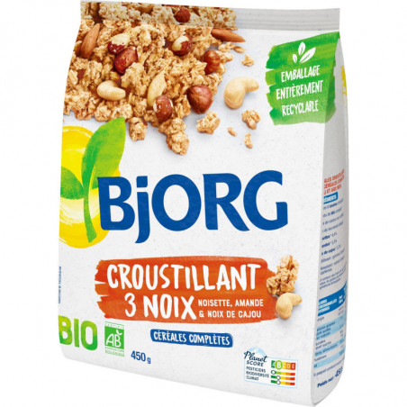 BJORG - Céréales Croustillant 3 Noix Bio - Mueslis et Avoines - paquet de 450 g Sonico.fr