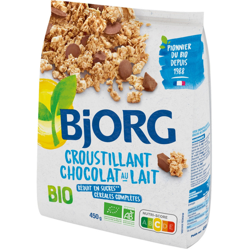BJORG - Céréales Croustillant Chocolat au lait Bio - Mueslis et Avoines - paquet de 450 g Sonico.fr