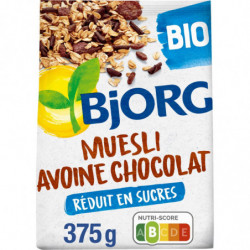 BJORG - Muesli Avoine Chocolat Bio Réduit en sucres - Mueslis et Avoines - paquet de 375 g Sonico.fr