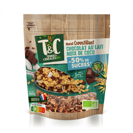 TERRES ET CEREALES - Muesli Croustillant Chocolat Lait Noix de Coco Bio - paquet de 500 g Sonico.fr