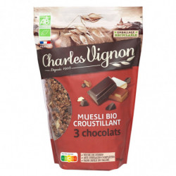 CHARLES VIGNON - Muesli Croustillant 3 chocolats Bio - Mueslis et Avoines - paquet de 375 g Sonico.fr