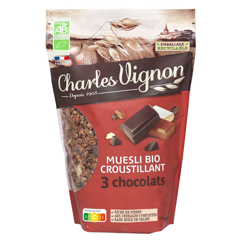 CHARLES VIGNON - Muesli Croustillant 3 chocolats Bio - Mueslis et Avoines - paquet de 375 g Sonico.fr