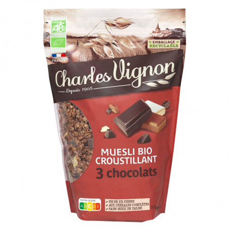 CHARLES VIGNON - Muesli Croustillant 3 chocolats Bio - Mueslis et Avoines - paquet de 375 g Sonico.fr