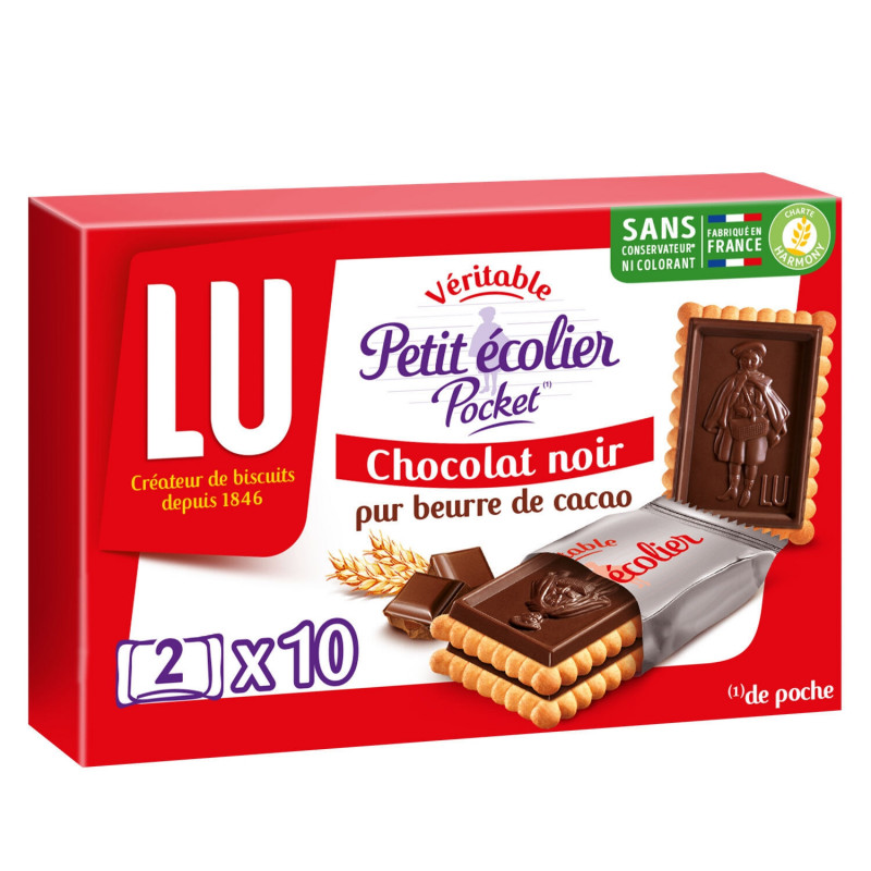 LU - Petit Ecolier Pocket Chocolat Noir Biscuits petit beurre nappés - boîte de 10 sachets - 250 g Sonico.fr