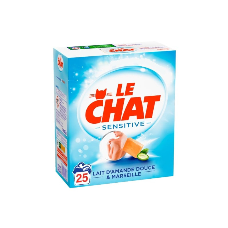 LE CHAT - Sensitive Lessive poudre au Lait d'Amande Douce Savon de Marseille - 25 lavages - Boite 1,630 kg Sonico.fr