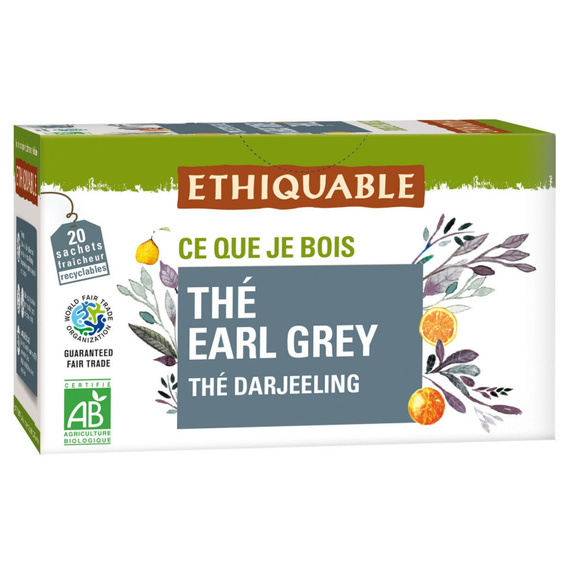 ETHIQUABLE - Thé noir Earl Grey Darjeeling Bio - boite de 20 sachets Sonico.fr