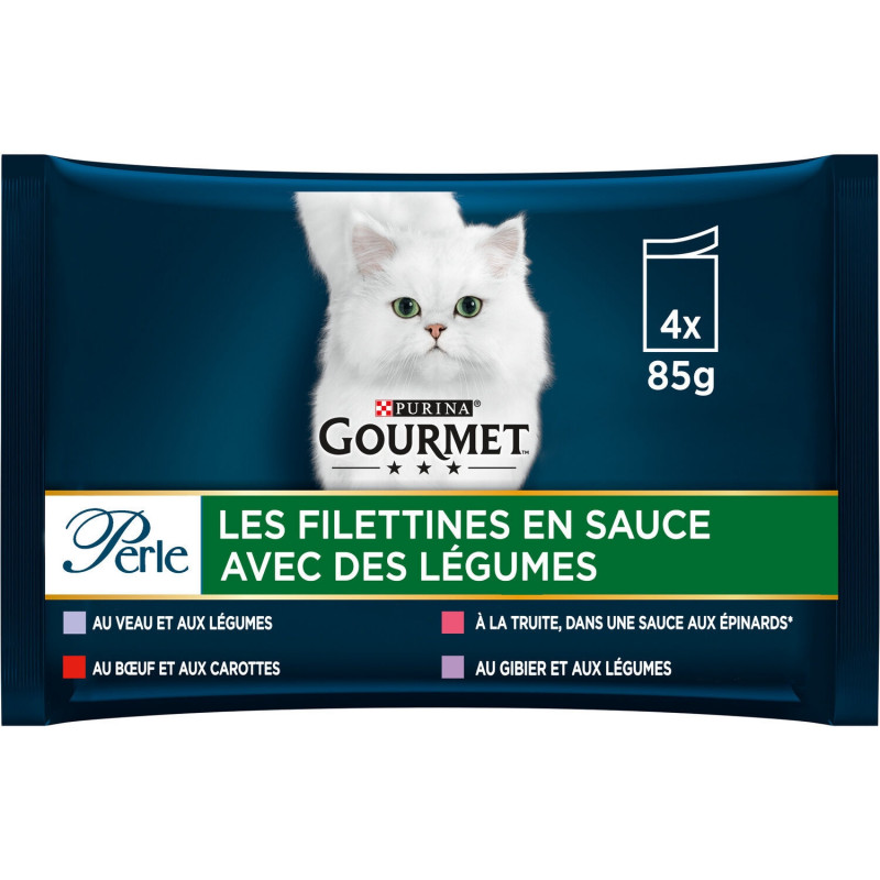 PURINA GOURMET - Perle Filettines en Sauce avec légumes Pâtée pour chat Adulte - paquet de 4 sachets de 85 g Sonico.fr