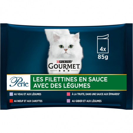 PURINA GOURMET - Perle Filettines en Sauce avec légumes Pâtée pour chat Adulte - paquet de 4 sachets de 85 g Sonico.fr