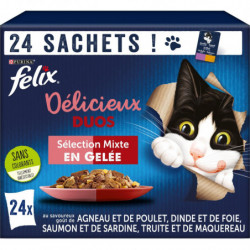 FELIX - Tendres effilés en gelée - Délicieux Duos - Pâté pour chat - Boite de 24 sachets de 85g Sonico.fr
