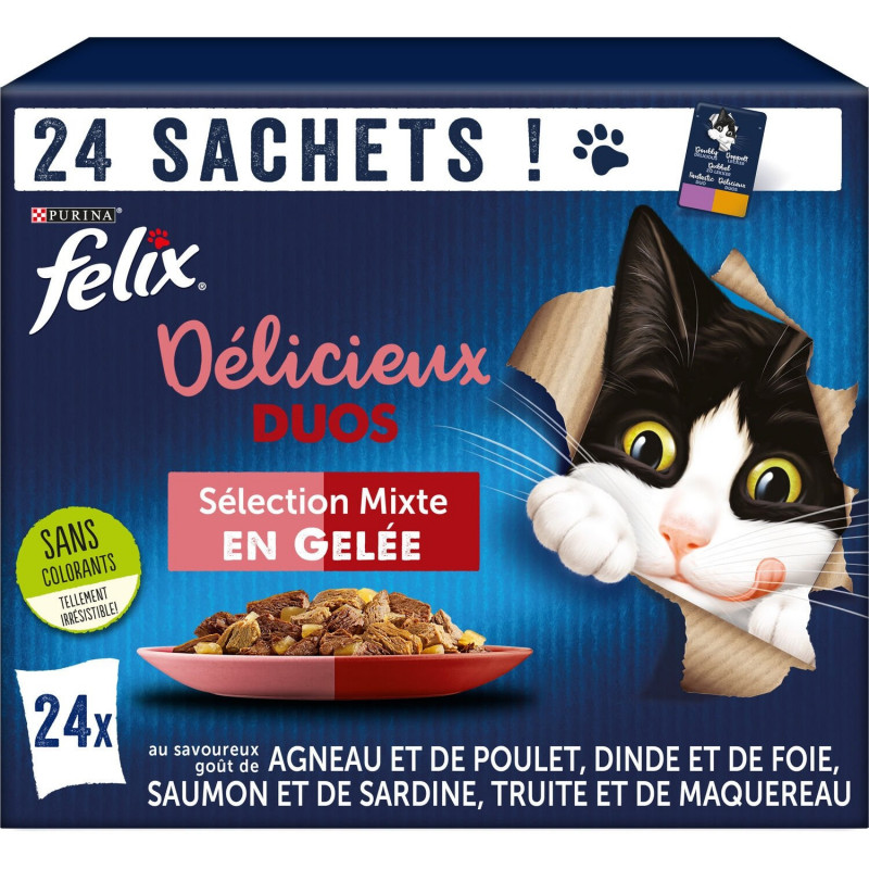 FELIX - Tendres effilés en gelée - Délicieux Duos - Pâté pour chat - Boite de 24 sachets de 85g Sonico.fr