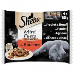 SHEBA - Mini Filets en Sauce Sélection du Boucher Pâtée pour chat - paquet de 4 sachets de 85 g Sonico.fr