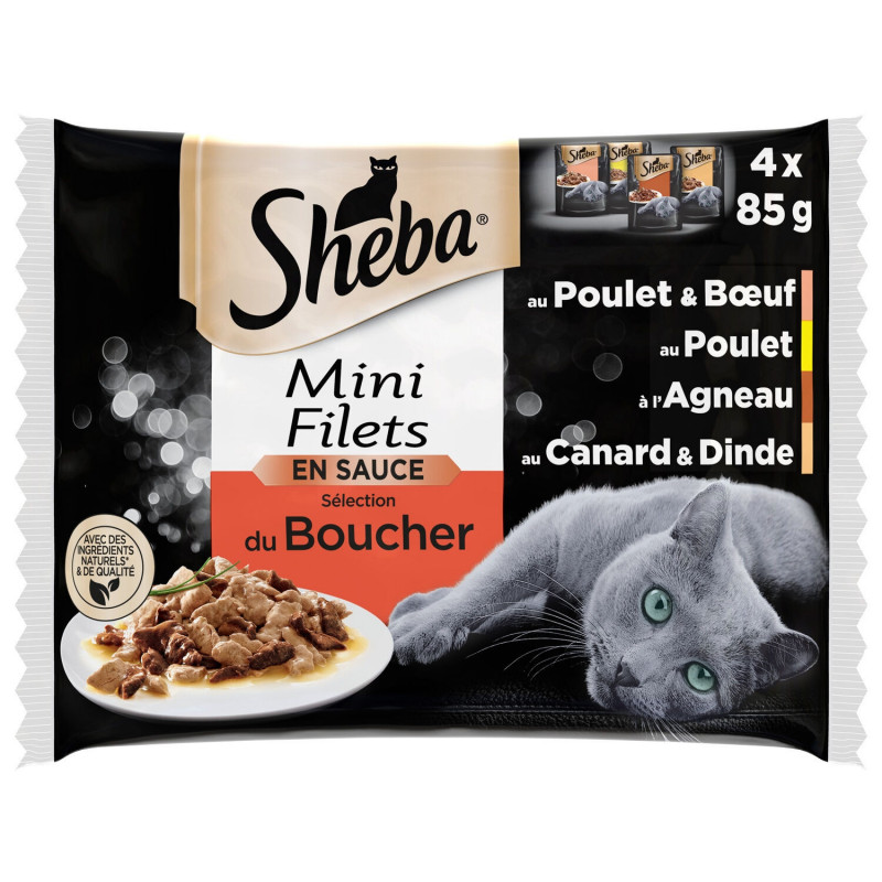 SHEBA - Mini Filets en Sauce Sélection du Boucher Pâtée pour chat - paquet de 4 sachets de 85 g Sonico.fr