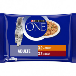 PURINA ONE - Adulte au Poulet et Buf Pâtée pour chat - paquet de 4 sachets de 85 g Sonico.fr