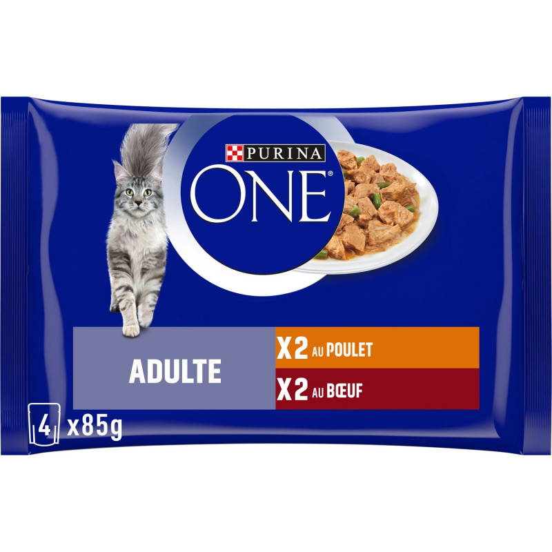 PURINA ONE - Adulte au Poulet et Buf Pâtée pour chat - paquet de 4 sachets de 85 g Sonico.fr