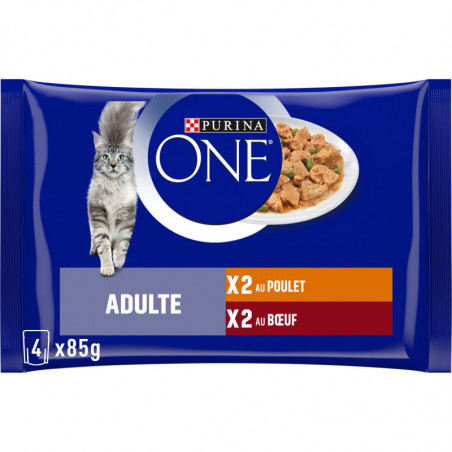 PURINA ONE - Adulte au Poulet et Buf Pâtée pour chat - paquet de 4 sachets de 85 g Sonico.fr