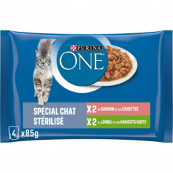 PURINA ONE - Spécial Chat Stérilisé Saumon Dinde Pâtée pour chat - paquet de 4 sachets de 85 g Sonico.fr