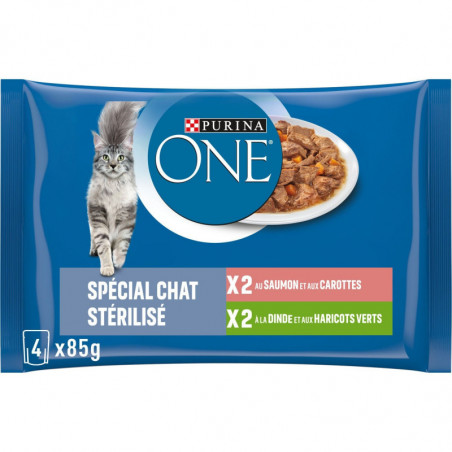 PURINA ONE - Spécial Chat Stérilisé Saumon Dinde Pâtée pour chat - paquet de 4 sachets de 85 g Sonico.fr