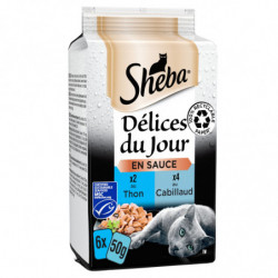 SHEBA - Délices du Jour en sauce Thon Cabillaud Pâtée pour chat - boite de 6 sachets de 50 g Sonico.fr