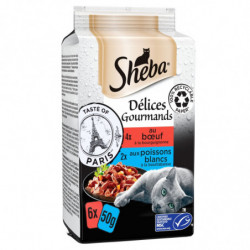 SHEBA - Délices Gourmands Boeuf Poissons Pâtée pour chat - boite de 6 sachets de 50 g Sonico.fr