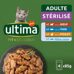 ULTIMA - Pâtée pour chat Adulte Stérilisé Boeuf Thon - paquet de 4 sachets de 85 g Sonico.fr