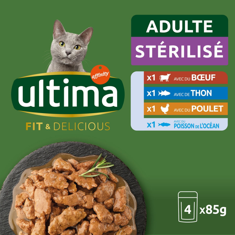 ULTIMA - Pâtée pour chat Adulte Stérilisé Boeuf Thon - paquet de 4 sachets de 85 g Sonico.fr