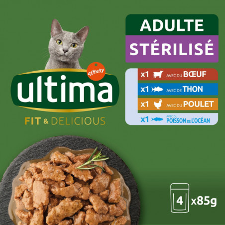 ULTIMA - Pâtée pour chat Adulte Stérilisé Boeuf Thon - paquet de 4 sachets de 85 g Sonico.fr