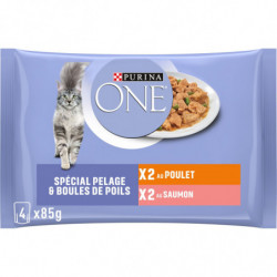 PURINA ONE - Spécial Pelage Boules de poils Poulet Saumon Pâtée pour chat - paquet de 4 sachets de 85 g Sonico.fr