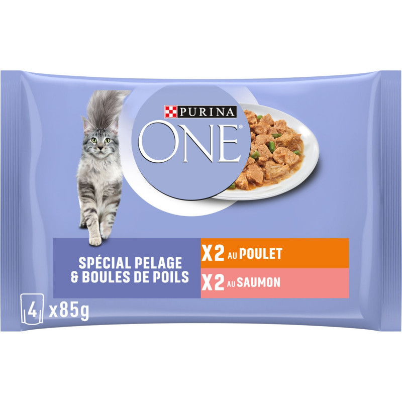 PURINA ONE - Spécial Pelage Boules de poils Poulet Saumon Pâtée pour chat - paquet de 4 sachets de 85 g Sonico.fr