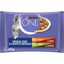 PURINA ONE - Spécial Chat Appétit Dificile Poulet Boeuf Pâtée pour chat - paquet de 4 sachets de 85 g Sonico.fr