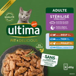 ULTIMA - Pâtée pour chat Adulte Stérilisé Boeuf Thon - paquet de 8 sachets de 85 g Sonico.fr