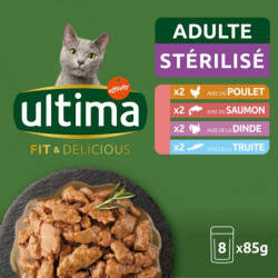 ULTIMA - Pâtée pour chat Adulte Stérilisé Poulet Saumon - paquet de 8 sachets de 85 g Sonico.fr