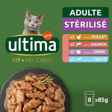 ULTIMA - Pâtée pour chat Adulte Stérilisé Poulet Saumon - paquet de 8 sachets de 85 g Sonico.fr