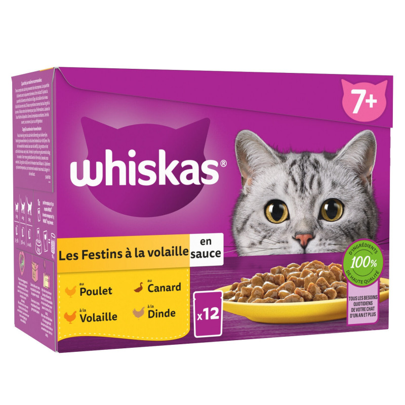 WHISKAS - Les Festins à la volaille en Sauce Pâtée pour chat - boite de 12 sachets de 85 g Sonico.fr