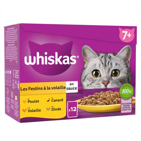 WHISKAS - Les Festins à la volaille en Sauce Pâtée pour chat - boite de 12 sachets de 85 g Sonico.fr