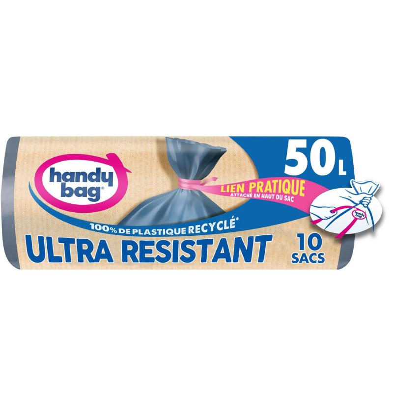HANDY BAG - Ultra Résistant 50 L Sac poubelle avec liens pratique - rouleau de 10 sacs Sonico.fr
