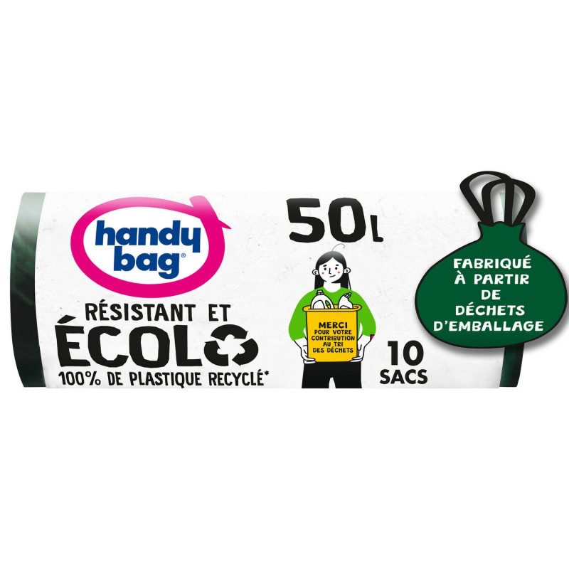 HANDY BAG - Résistant et Ecolo 50 L Sac poubelle à poignées coulissantes - rouleau de 10 sacs Sonico.fr