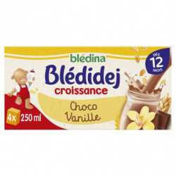 BLEDINA - Blédidej Croissance Choco Vanille Lait et céréales bébé dès 12 mois - boîte de 4 briques de 250 ml Sonico.fr