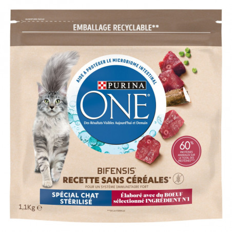 PURINA ONE - Croquettes pour chat Stérilisé au Buf Sans Céréales - sac de 1,1 kg Sonico.fr