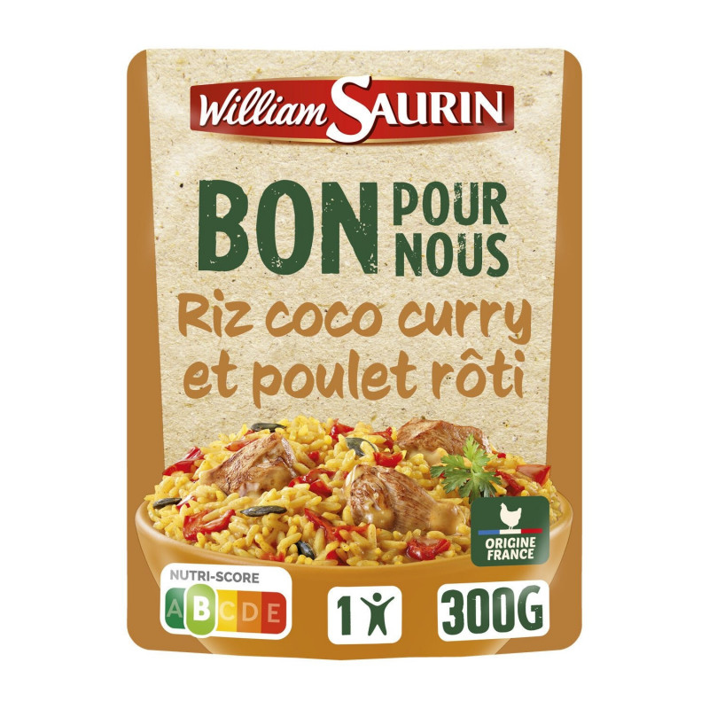 WILLIAM SAURIN - Bon Pour Nous Plat Cuisiné Riz Coco Curry Poulet Rôti - Sachet De 300 g Sonico.fr