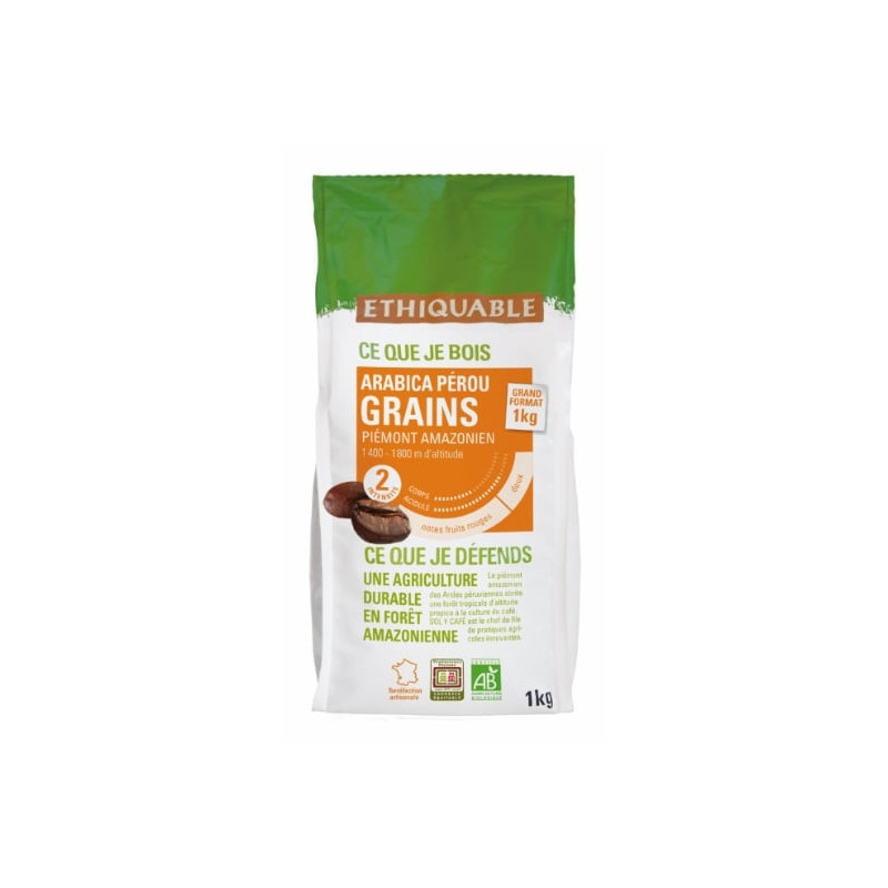 ETHIQUABLE - Pur Arabica Pérou Café en grains Bio - paquet de 1 kg Sonico.fr