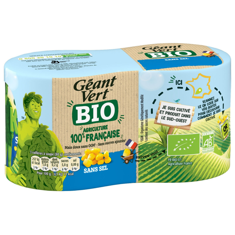 GEANT VERT - Maïs bio doux Sans sel Sans sucre ajouté - pack de 2 boites de 140 g net égoutté Sonico.fr