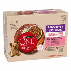 PURINA ONE - Mini Small Sensitive Delicate Pâtée Saumon Riz Carottes Chiens Adultes - boite de 10 sachets de 85g Sonico.fr