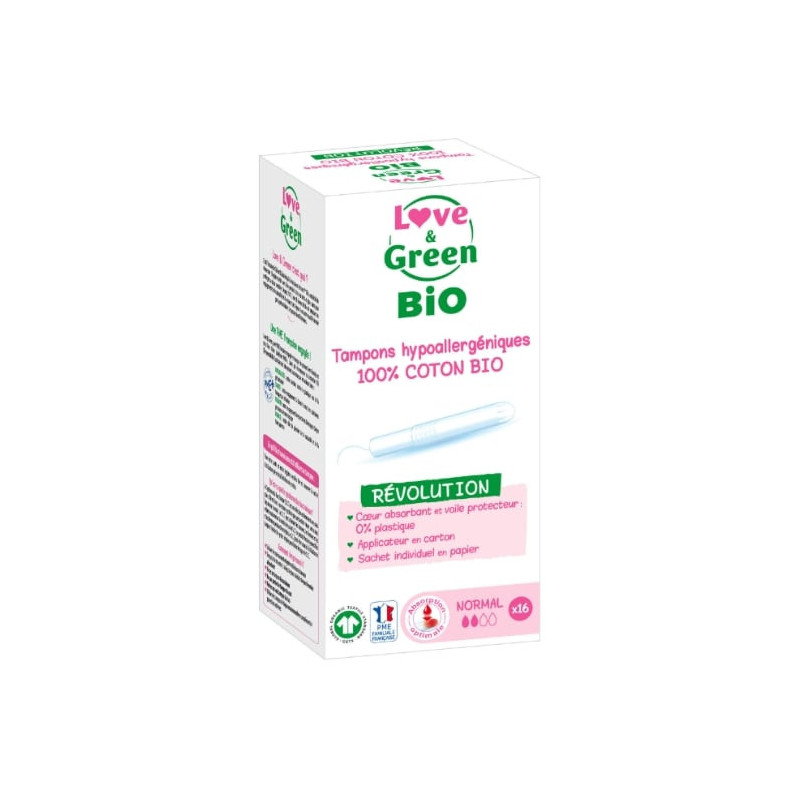 LOVE GREEN - Tampons Hypoallergéniques et Coton Bio Avec Applicateur Normal - paquet de 16 tampons Sonico.fr