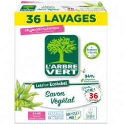 L'ARBRE VERT - Lessive Poudre Hypoallergénique Au Savon Végétal 36 Lavages - boîte de 1,8 kg  Sonico.fr