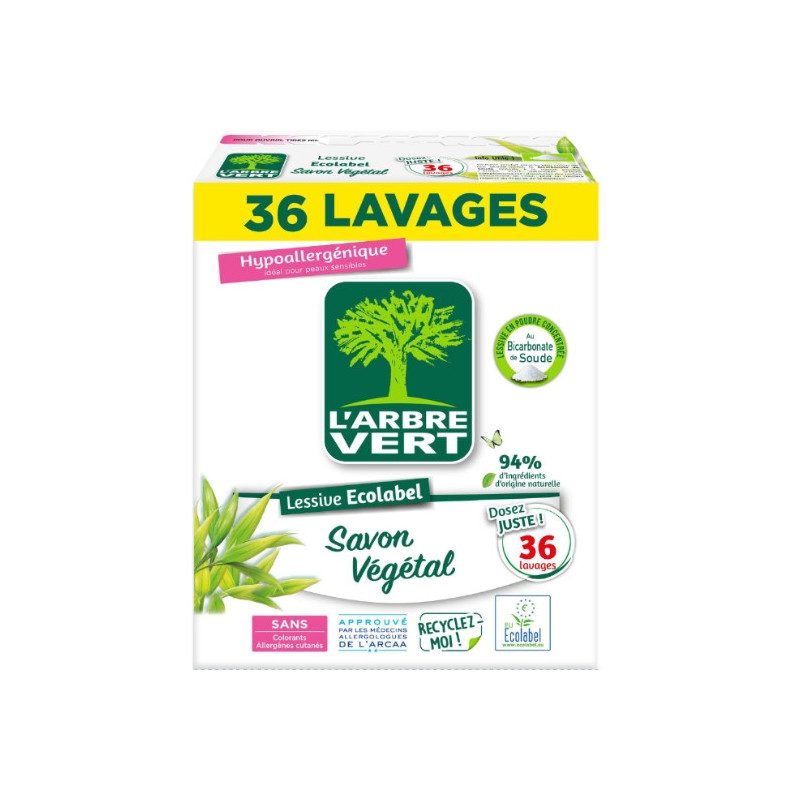 L'ARBRE VERT - Lessive Poudre Hypoallergénique Au Savon Végétal 36 Lavages - boîte de 1,8 kg  Sonico.fr