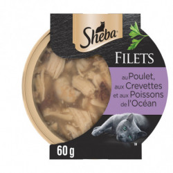 SHEBA - Pâtée pour chat Adulte Filets de poulet de poissons de l'Océan et crevettes - barquette de 60 g Sonico.fr