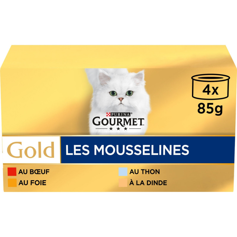 PURINA GOURMET - Les Mousselines Pâtée pour chat en mousse au buf foie thon dinde - paquet de 4 boîtes de 85 g Sonico.fr