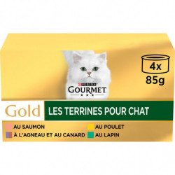 PURINA GOURMET - Les Terrines Pâtée pour chat au lapin agneau canard poulet saumon - paquet de 4 boîtes de 85 g Sonico.fr