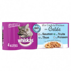 WHISKAS - Pâtée pour chat en gelée au saumon thon truite poissons blancs - paquet de 4 boîtes de 390 g Sonico.fr