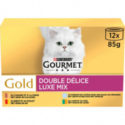 PURINA GOURMET - Double Délice Luxe Mix Pâtée chat Adulte Gold viandes poissons - boite de 12 boîtes de 85 g Sonico.fr
